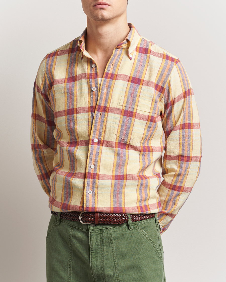 Herren | Hemden | Drake's | Madras Cotton/Linen Button Down Shirt Yellow/Red/Navy