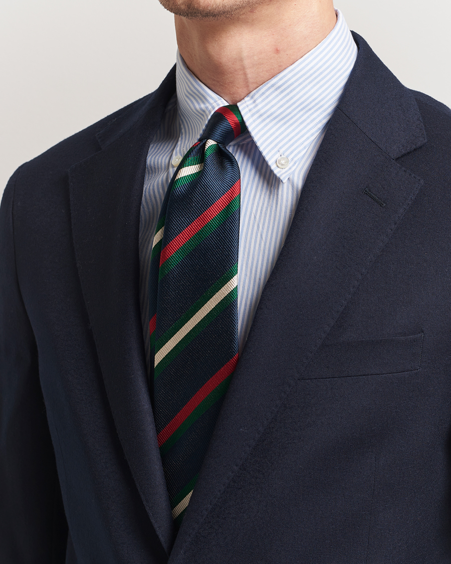Herren | Drake's Classic Reppe Stripe Silk Tie Navy/Red/Green/White | Drake's | Classic Reppe Stripe Silk Tie Navy/Red/Green/White