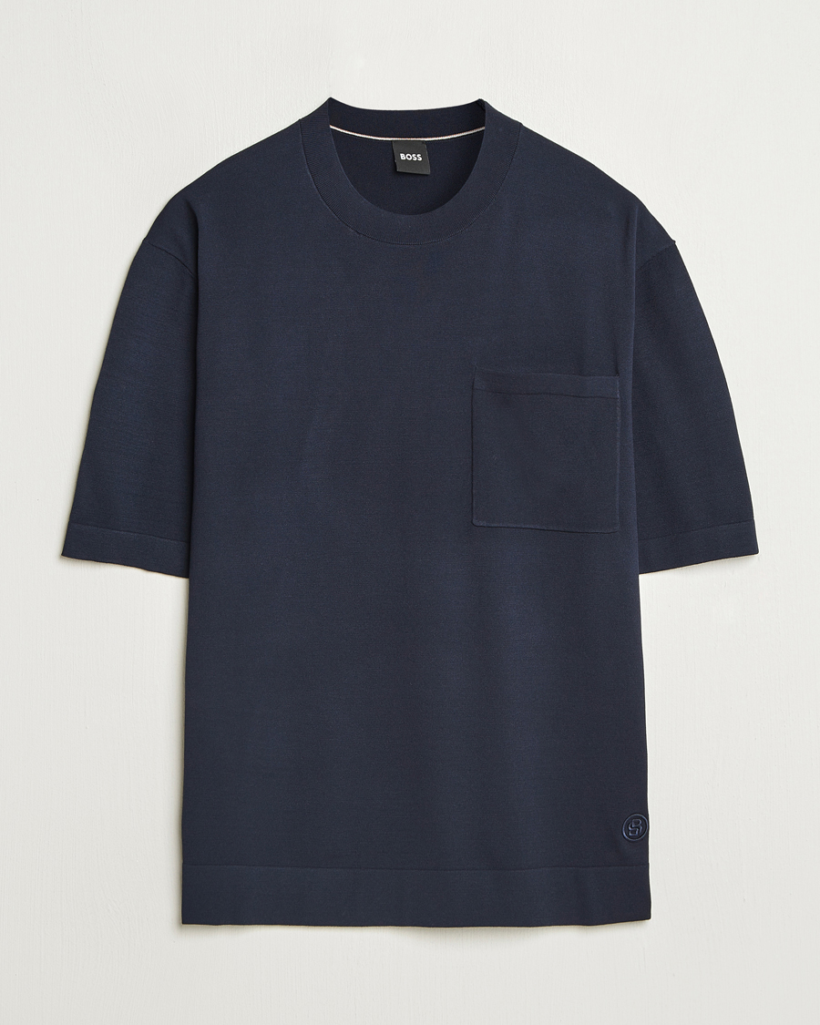 Herren | T-Shirts | BOSS BLACK | Jervaiso Cotton/Silk Knitted T-Shirt Dark Blue