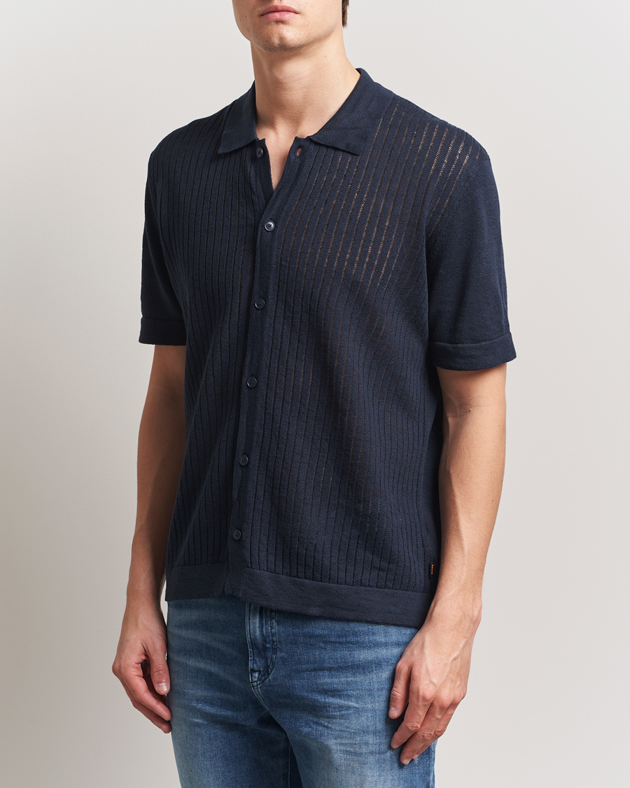 Herren | Hemden | BOSS ORANGE | Kamicino Knitted Short Sleeve Shirt Dark Blue