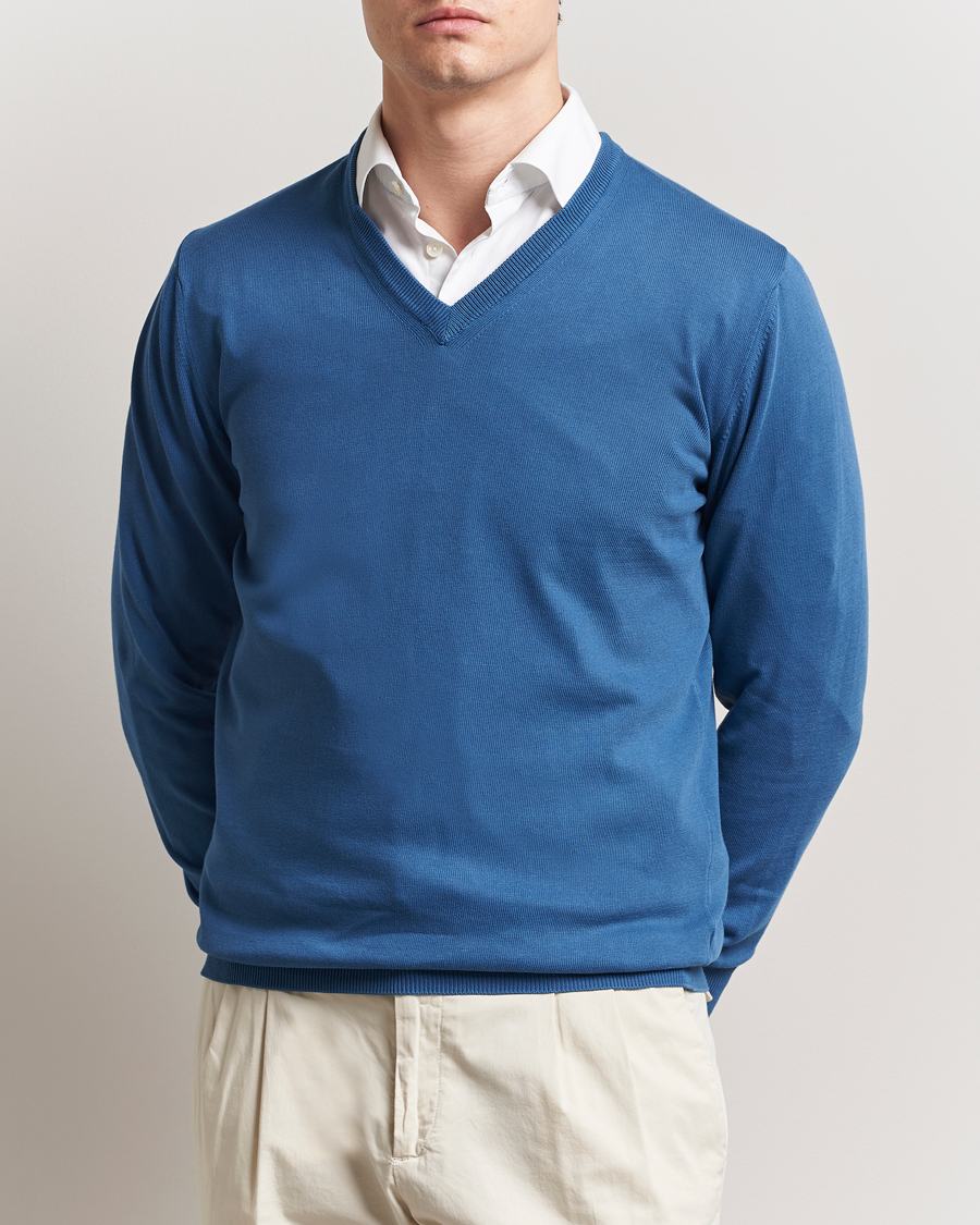 Herren | Pullover | Morgano | Supersoft Egyptian Cotton V-Neck Mid Blue