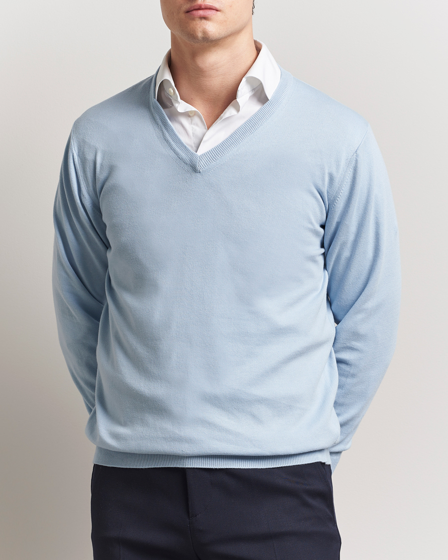 Herren | Pullover | Morgano | Supersoft Egyptian Cotton V-Neck Light Blue