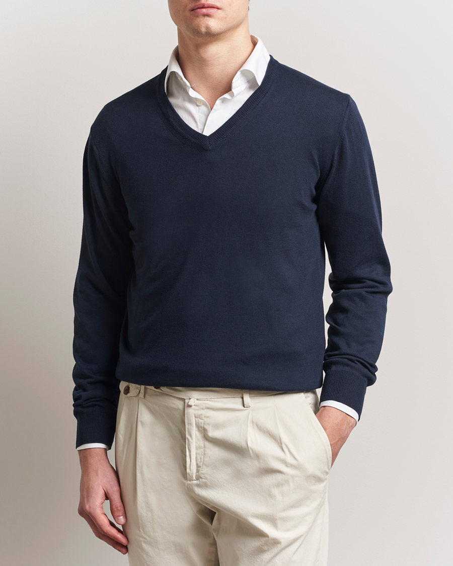 Herren | Pullover | Morgano | Supersoft Egyptian Cotton V-Neck Navy