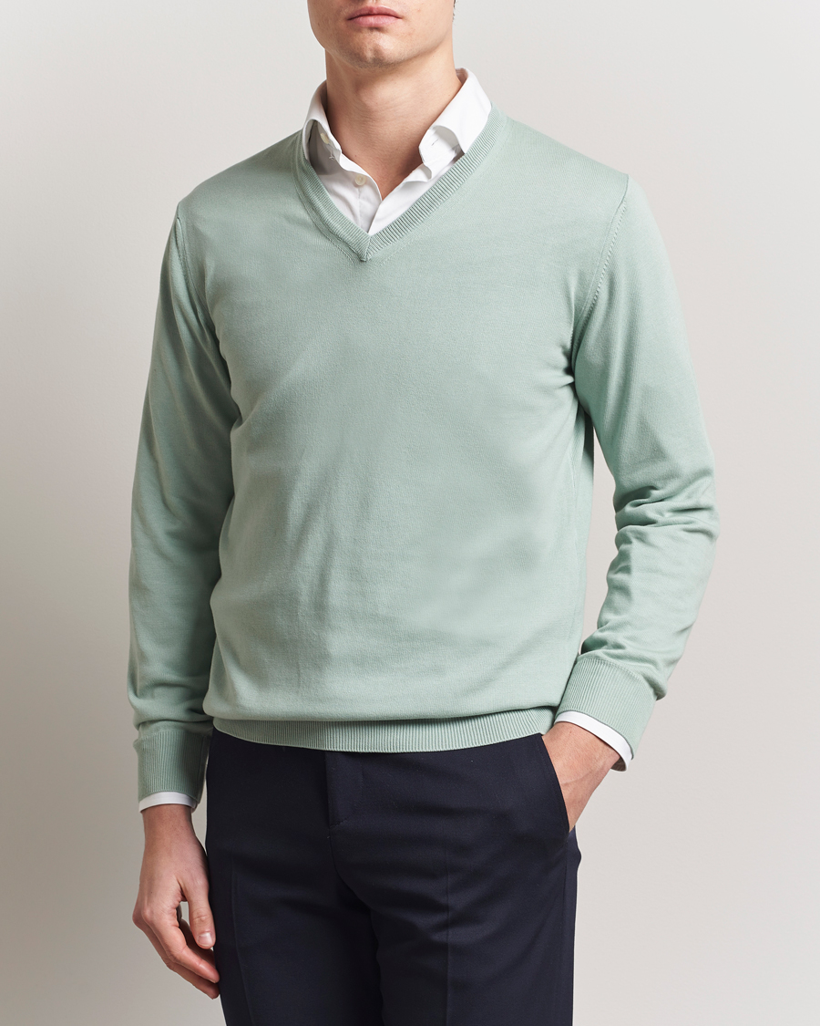Herren | Pullover | Morgano | Supersoft Egyptian Cotton V-Neck Light Green