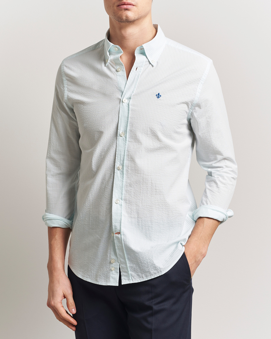Herren | Hemden | Morris | Slim Fit Striped Seersucker Shirt Turquoise