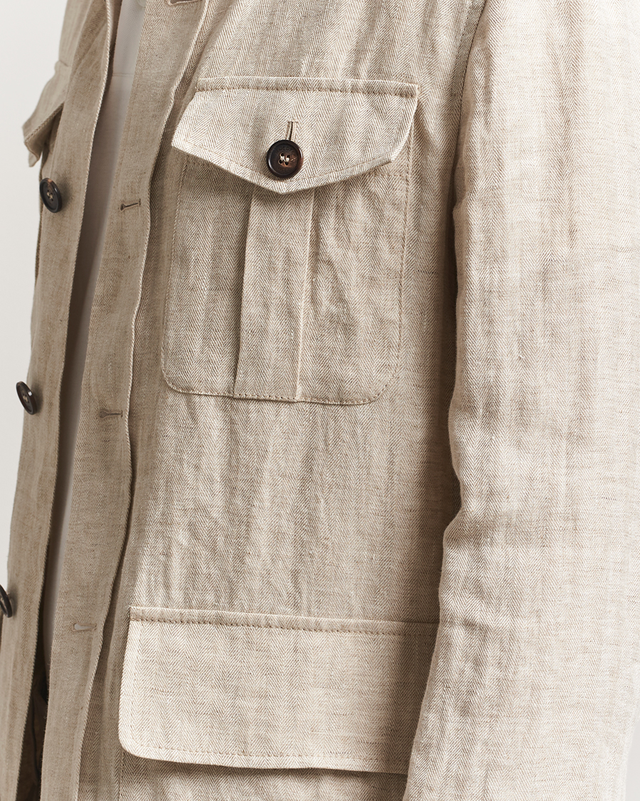 Herren | Jacken | Incotex | Herringbone Linen Sahariana Beige