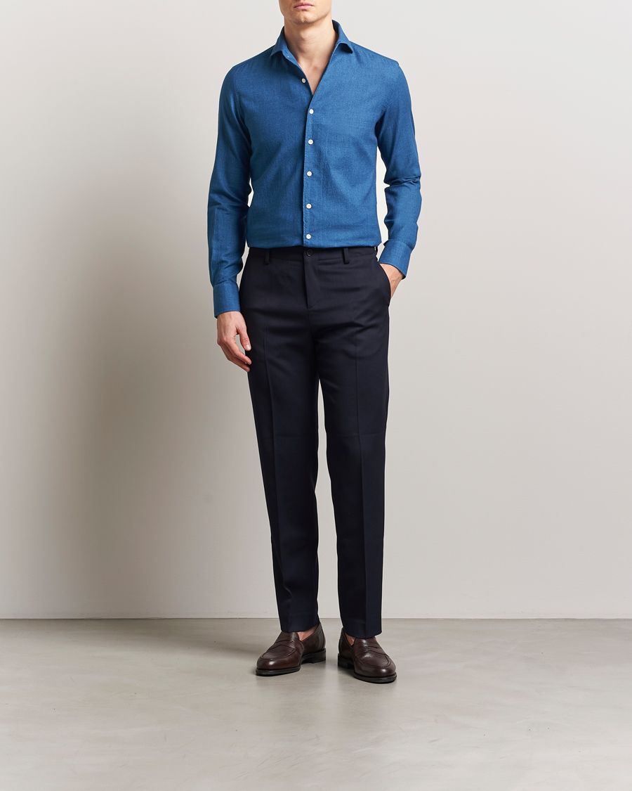Herren | Hemden | 100Hands | Garment Washed Denim Linen Shirt Mid Blue