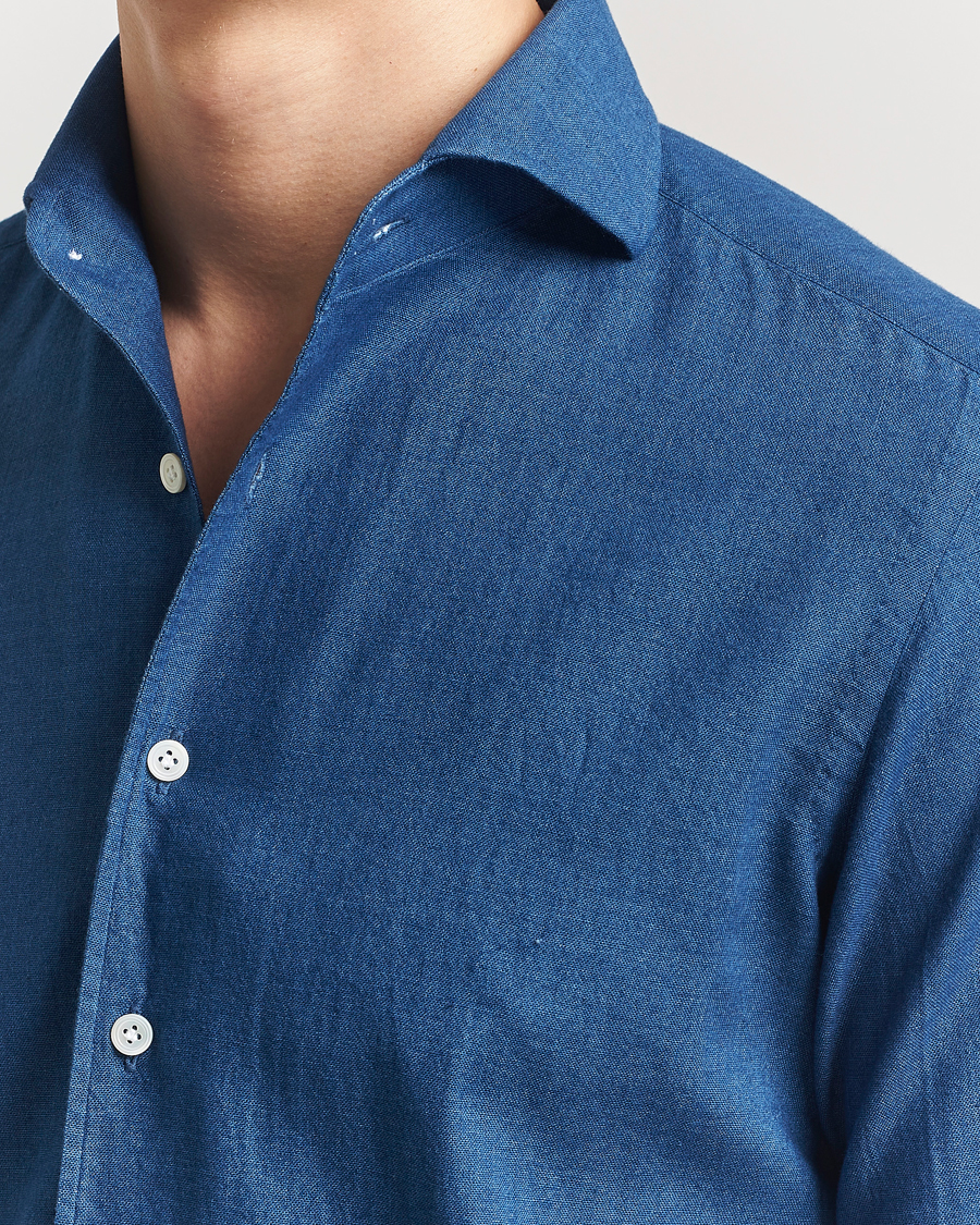 Herren | Hemden | 100Hands | Garment Washed Denim Linen Shirt Mid Blue