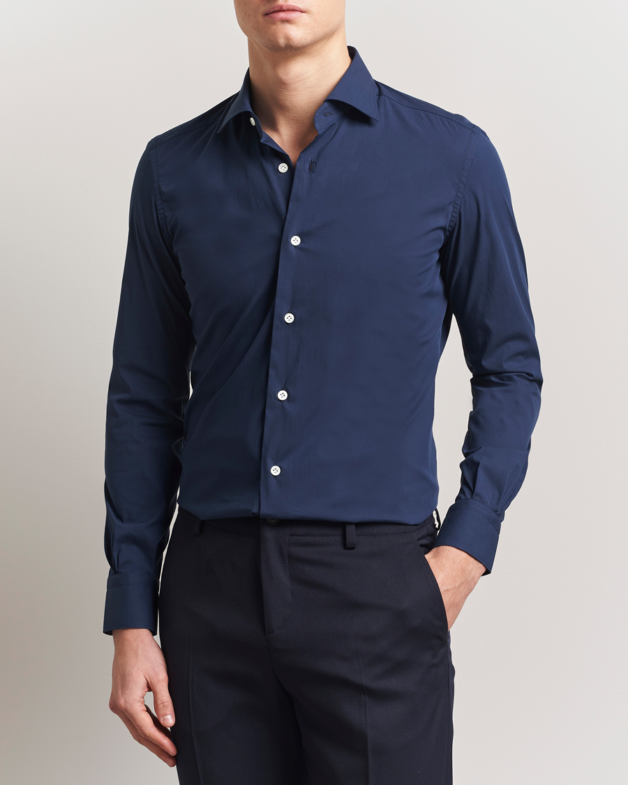 Herren | Hemden | Mazzarelli | Soft Cotton/Stretch Cut Away Shirt Navy