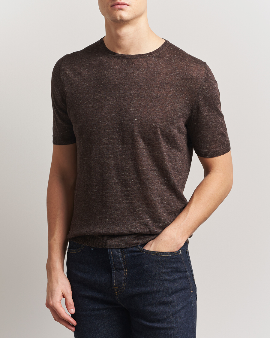 Herren | T-Shirts | Gran Sasso | Knitted Linen T-Shirt Dark Brown Melange