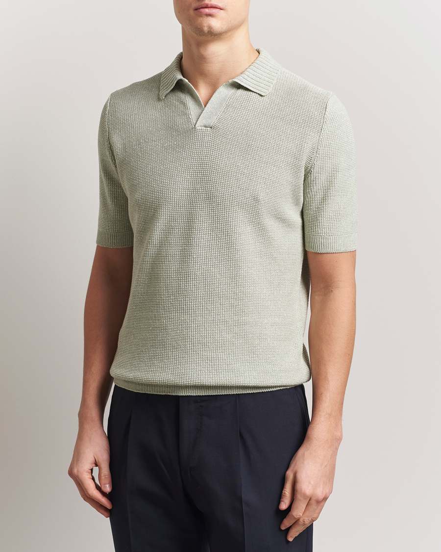 Herren | Poloshirts | Gran Sasso | Linen/Cotton Open Collar Polo Light Green