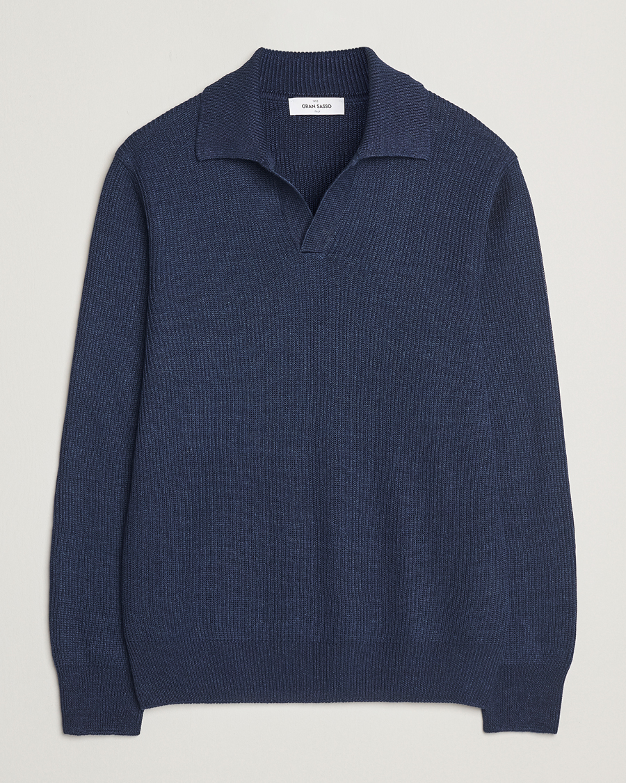 Herren | Pullover | Gran Sasso | Linen/Cotton Open Collar Knitted Polo Navy Melange
