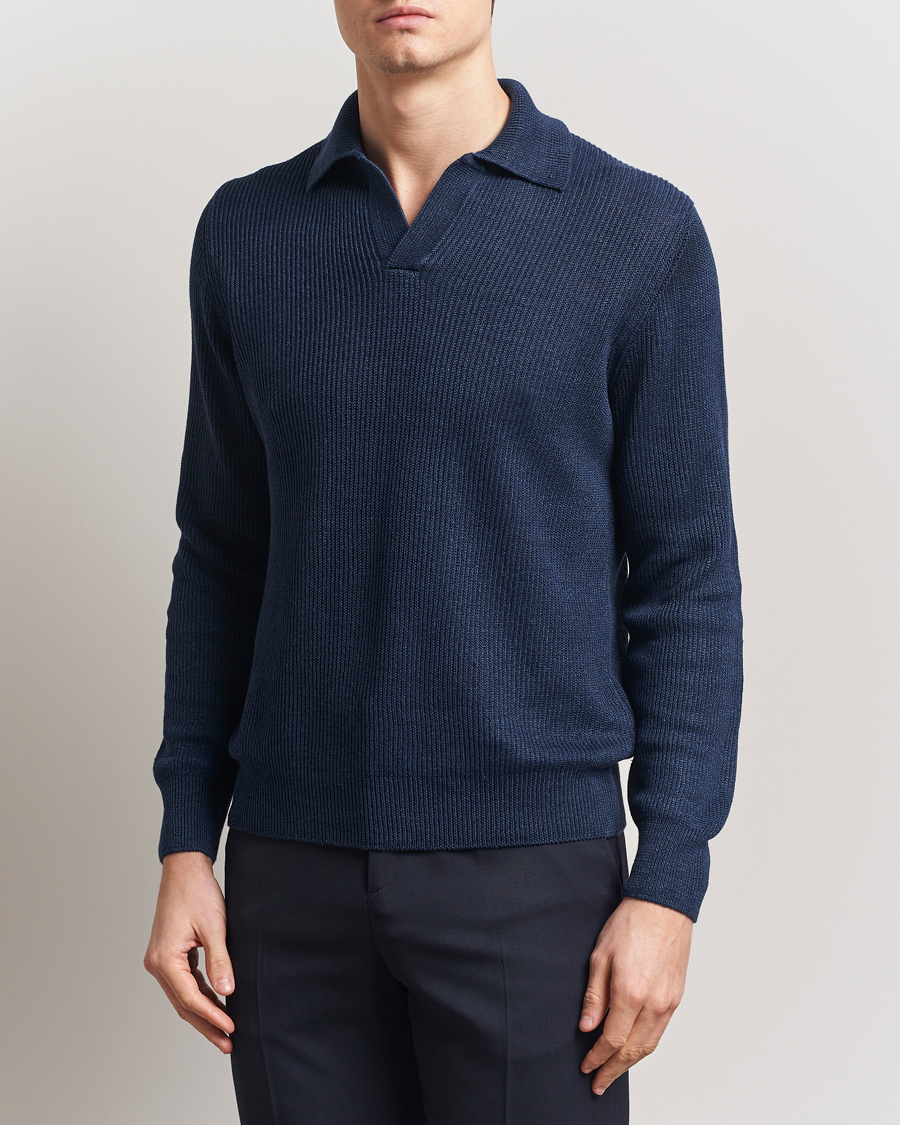 Herren | Pullover | Gran Sasso | Linen/Cotton Open Collar Knitted Polo Navy Melange