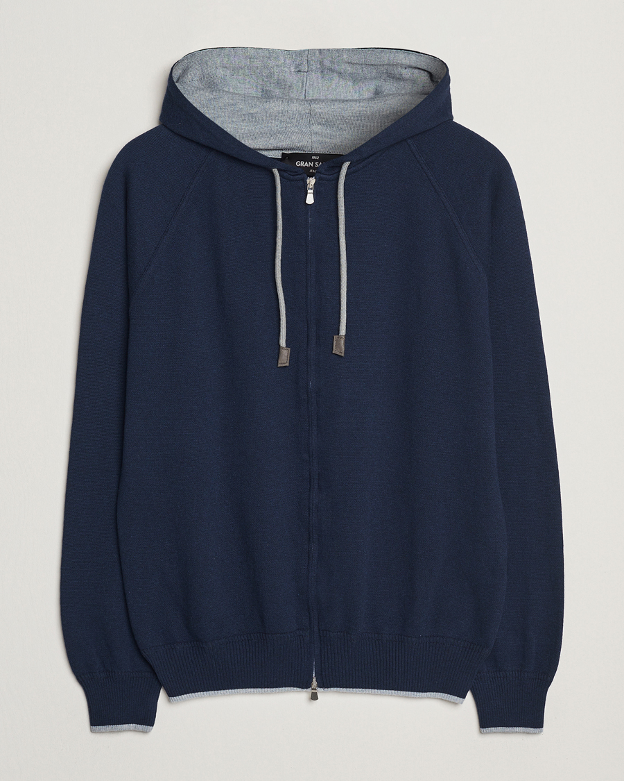 Herren | Pullover | Gran Sasso | Cotton/Cashmere Knitted Hooded Full Zip Navy