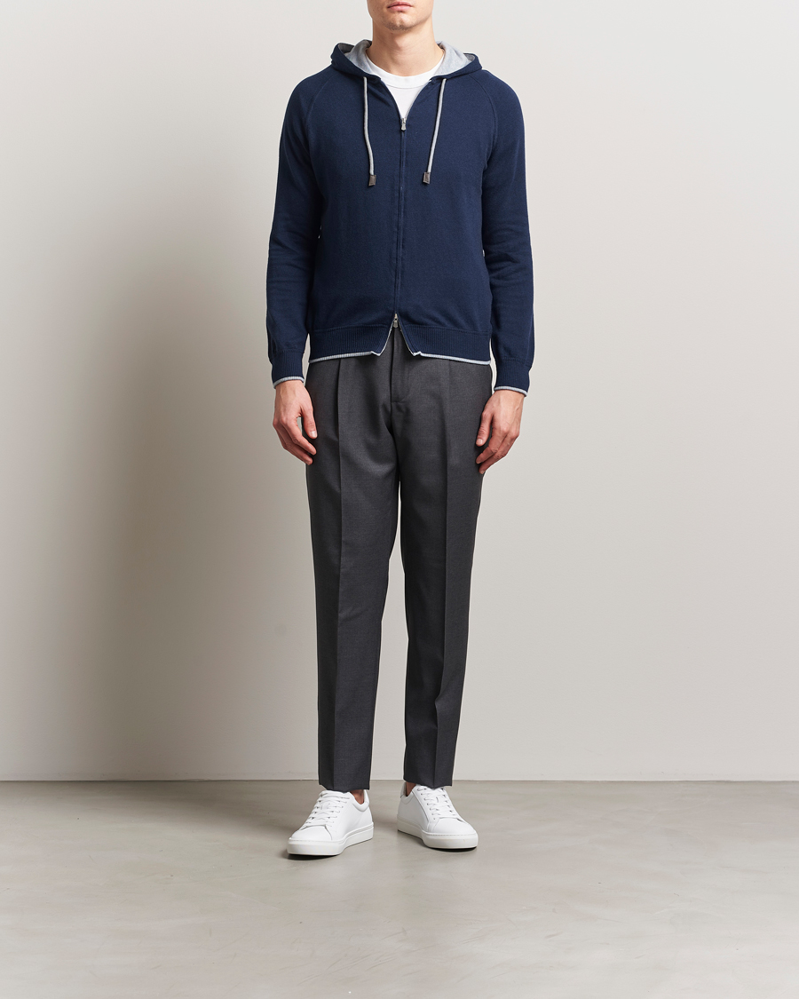 Herren | Pullover | Gran Sasso | Cotton/Cashmere Knitted Hooded Full Zip Navy