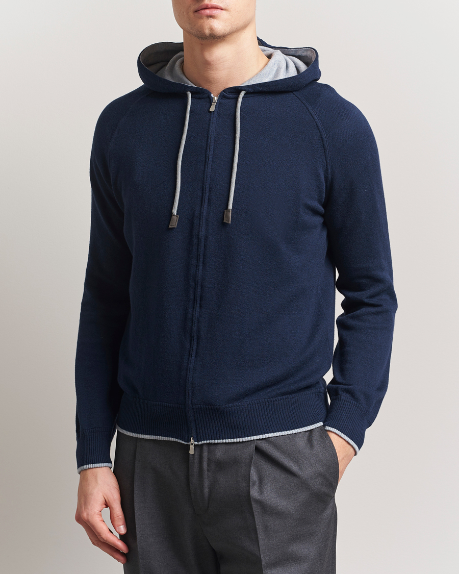 Herren | Pullover | Gran Sasso | Cotton/Cashmere Knitted Hooded Full Zip Navy