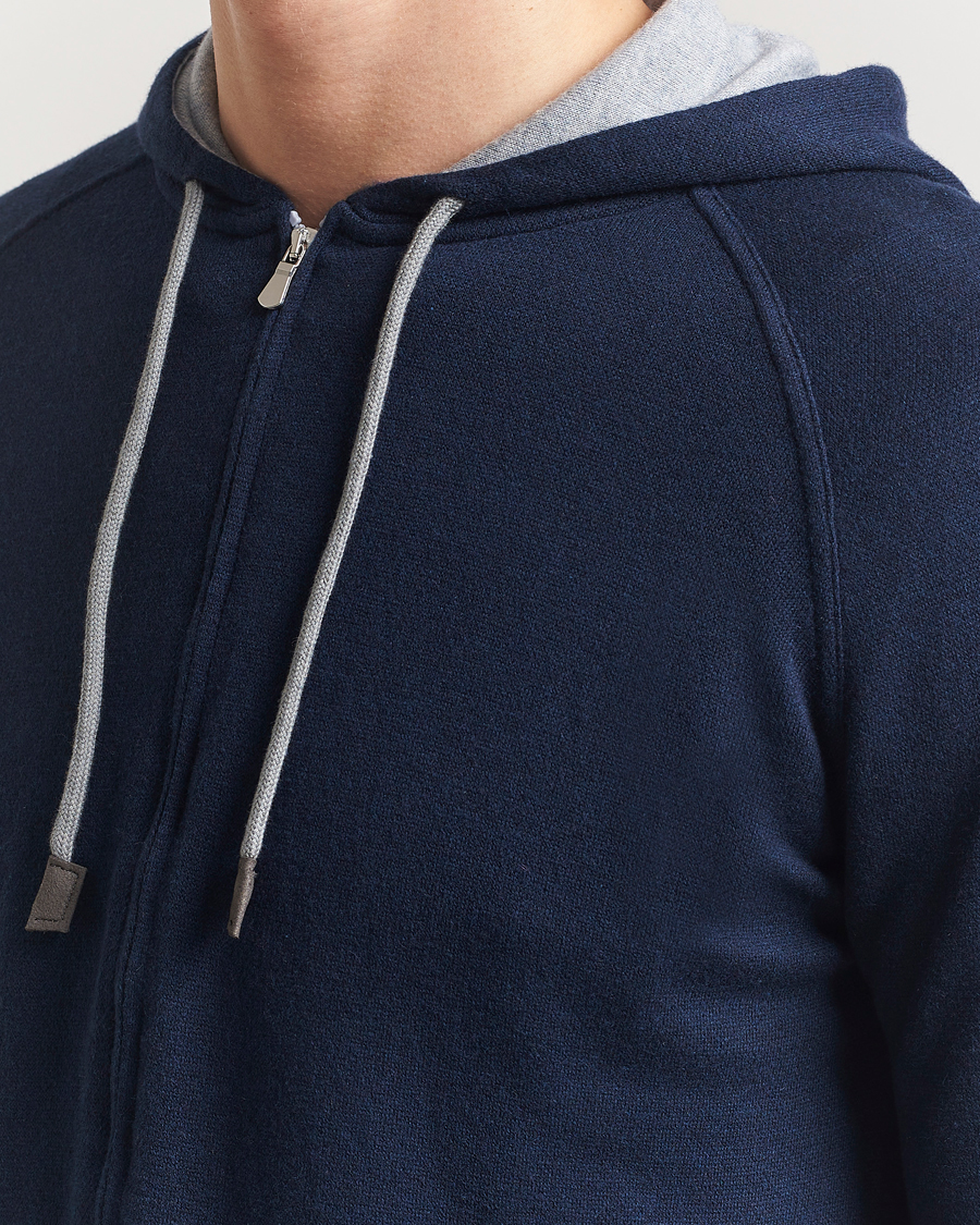 Herren | Pullover | Gran Sasso | Cotton/Cashmere Knitted Hooded Full Zip Navy
