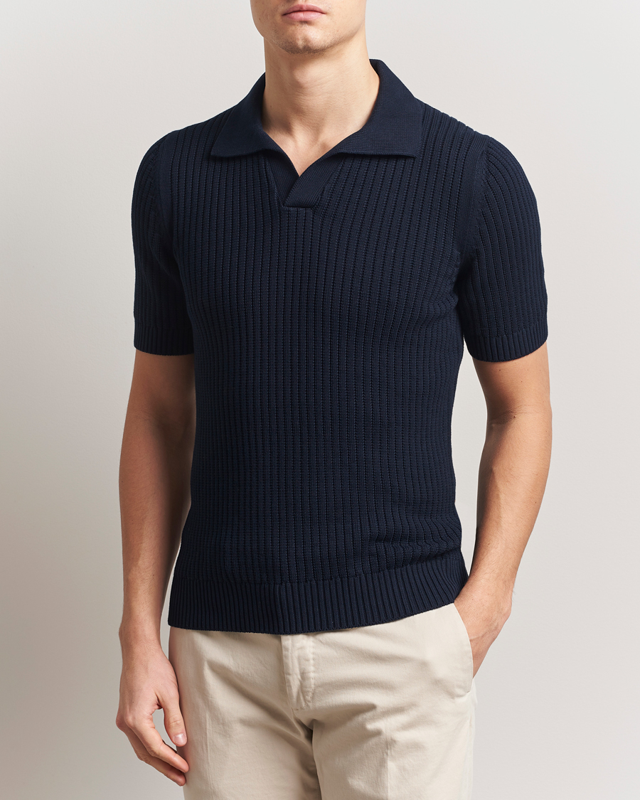 Herren | Poloshirts | Gran Sasso | Cotton Heavy Knitted Open Collar Polo Navy