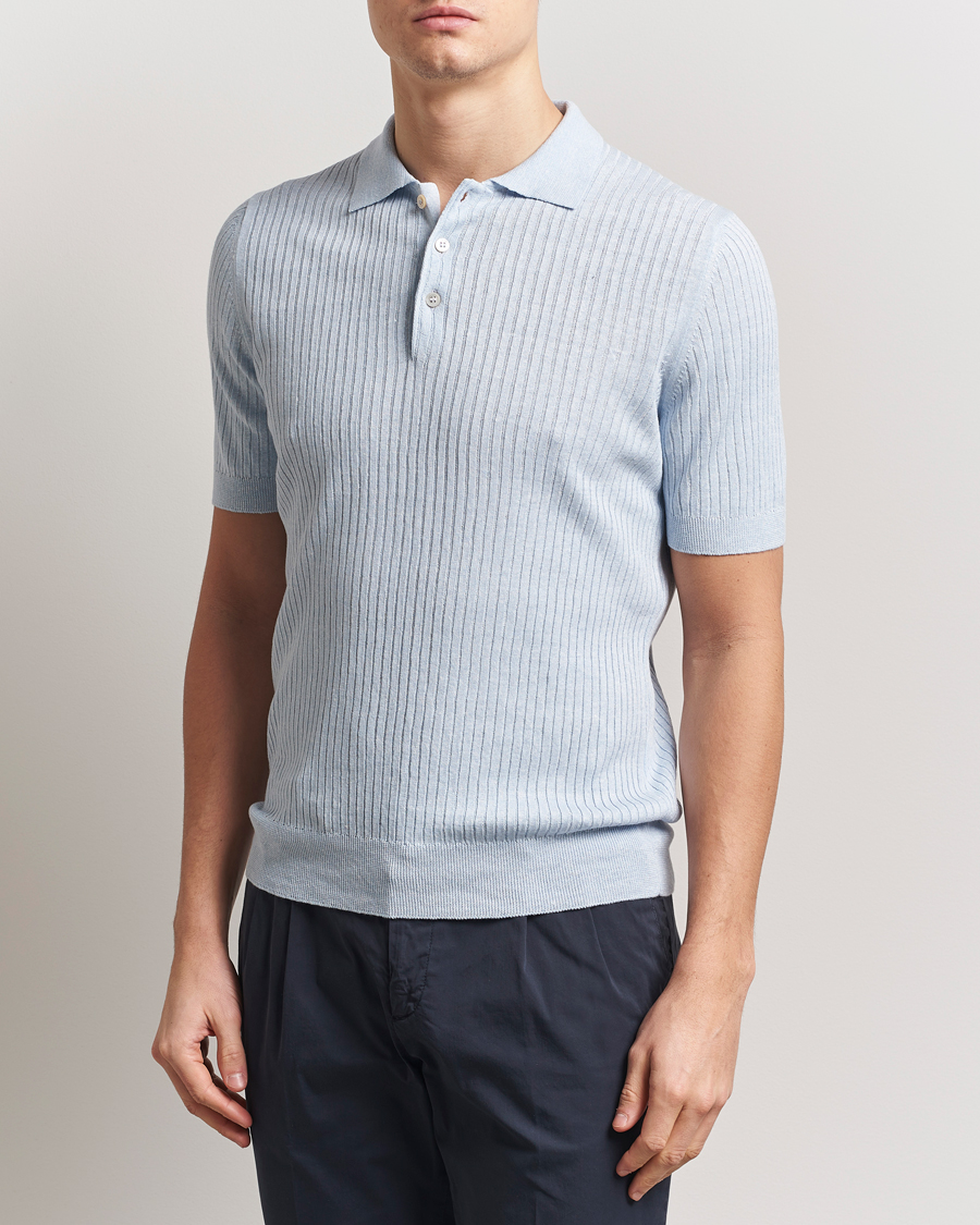 Herren | Poloshirts | Gran Sasso | Linen/Cotton Structured Knitted Polo Blue Melange