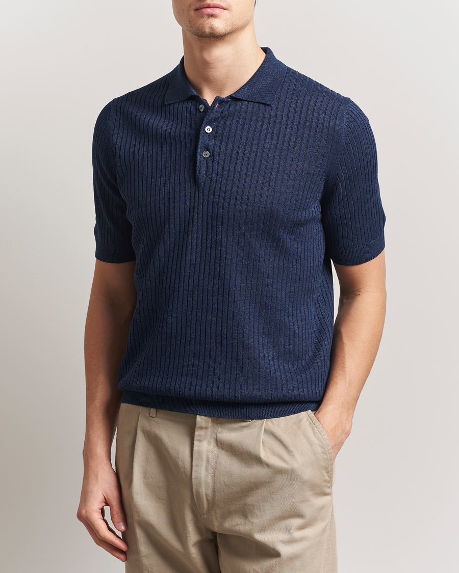 Herren | Poloshirts | Gran Sasso | Linen/Cotton Structured Knitted Polo Navy Melange