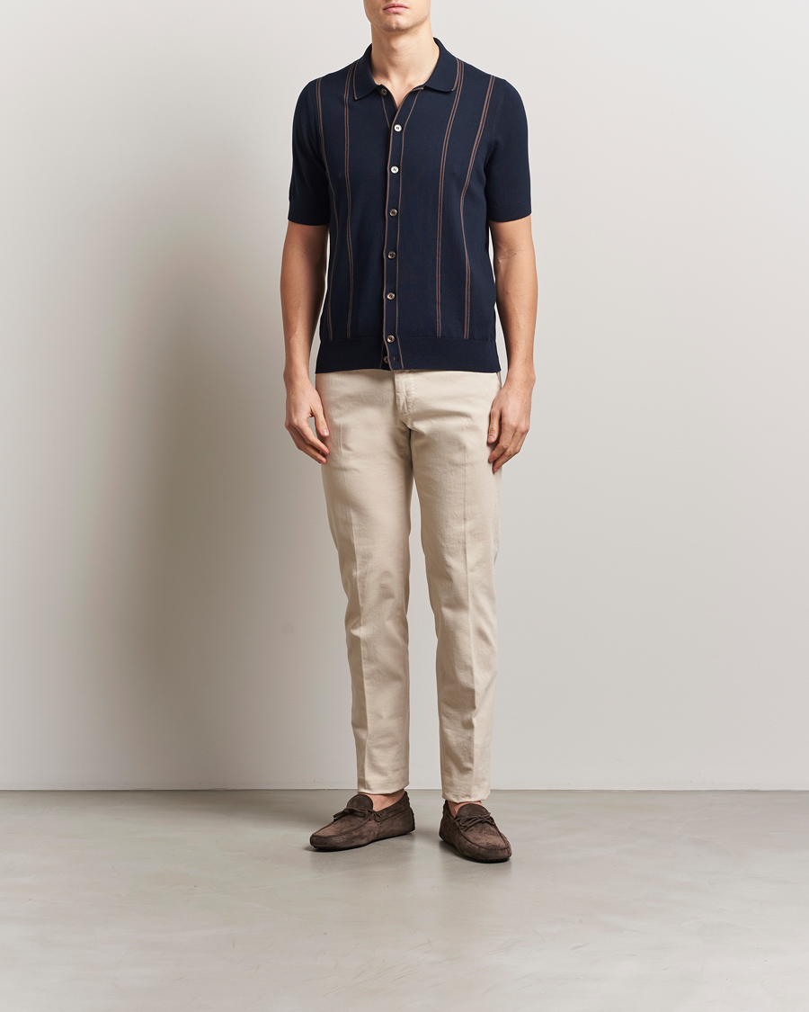 Herren | Hemden | Gran Sasso | Cotton Knitted Striped Short Sleeve Shirt Navy