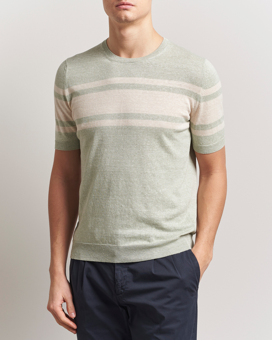 Herren | T-Shirts | Gran Sasso | Linen/Cotton Striped Crew Neck T-Shirt Light Green