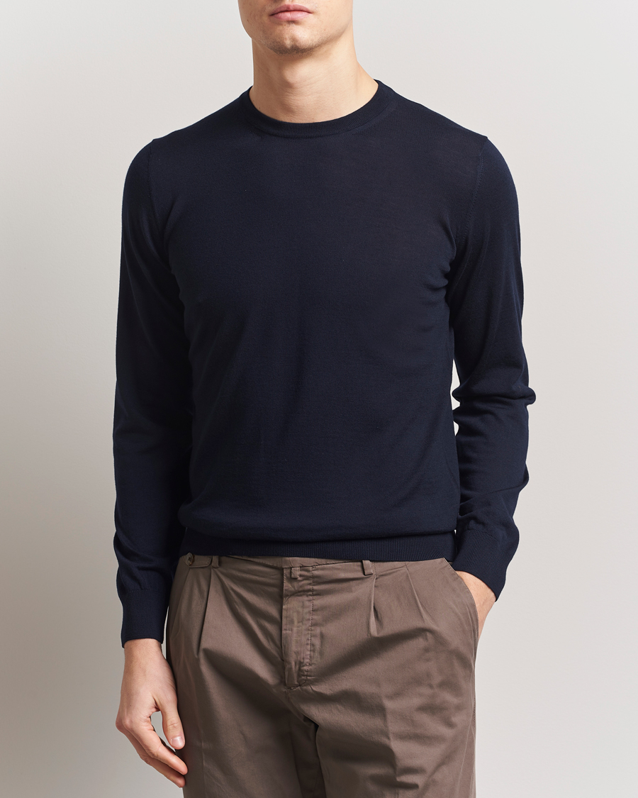 Herren | Pullover | Piacenza Cashmere | Merino Wool Crew Neck Sweater Navy