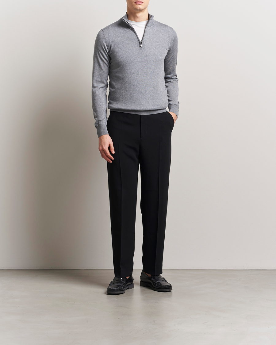 Herren | Pullover | Piacenza Cashmere | Merino Wool Crew Neck Half Zip Light Grey