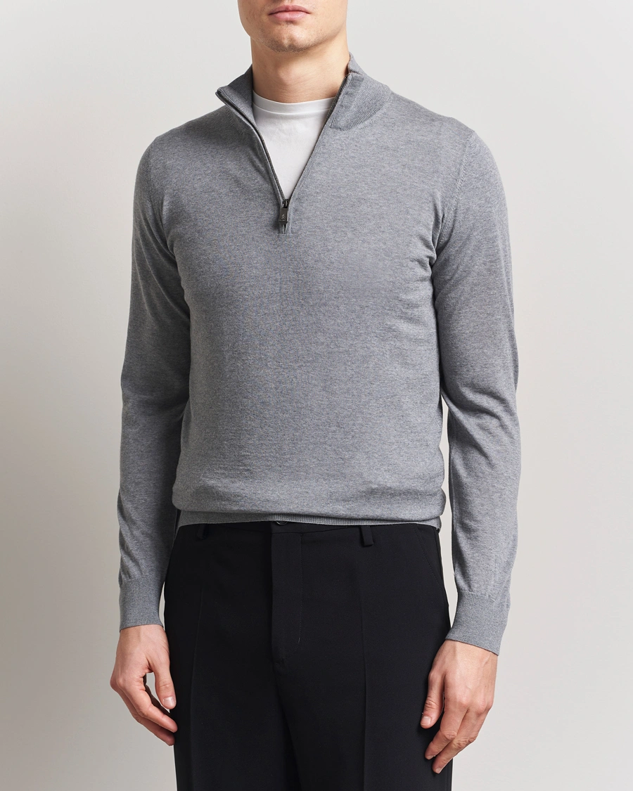 Herren | Pullover | Piacenza Cashmere | Merino Wool Crew Neck Half Zip Light Grey