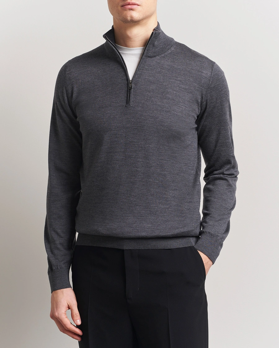 Herren | Pullover | Piacenza Cashmere | Merino Wool Crew Neck Half Zip Charcoal