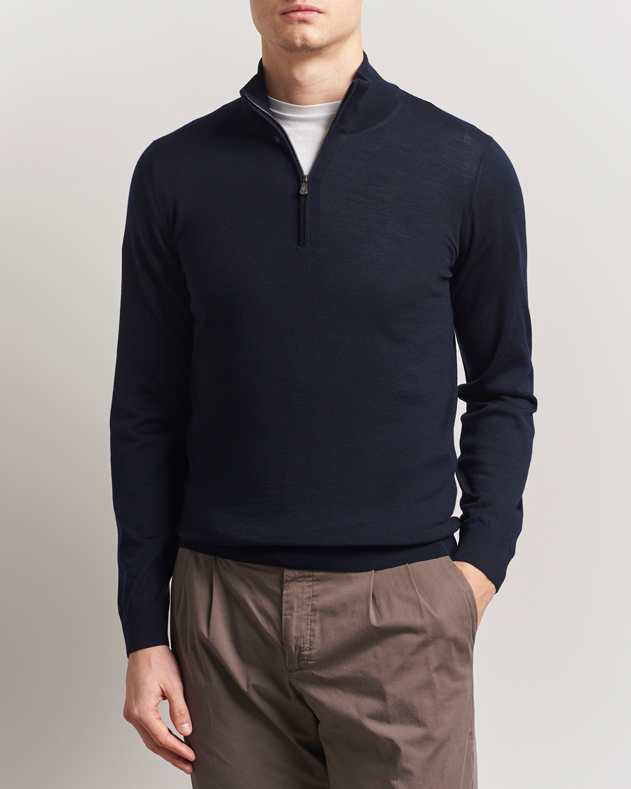 Herren | Pullover | Piacenza Cashmere | Merino Wool Crew Neck Half Zip Navy