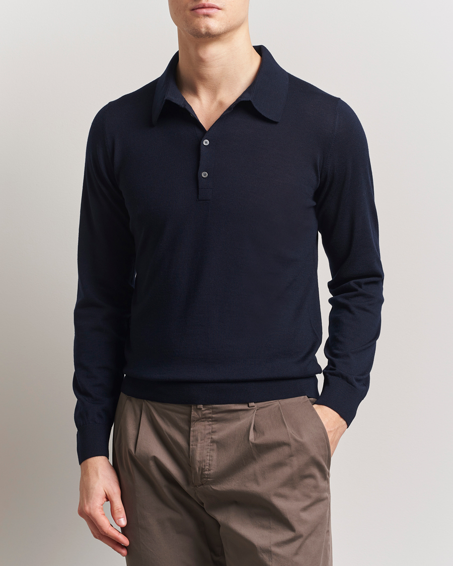 Herren | Pullover | Piacenza Cashmere | Merino Wool Long Sleeve Polo Navy