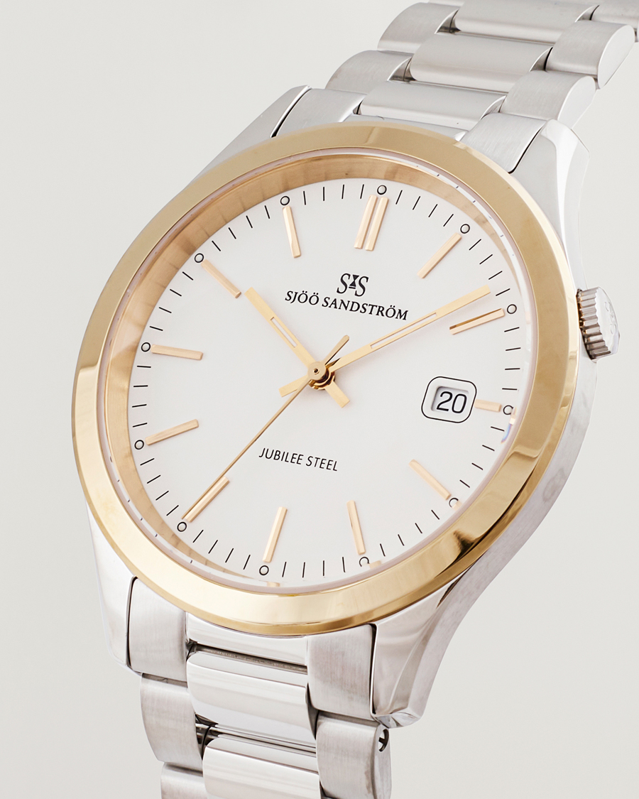 Herren | Sjöö Sandström Jubilee Steel Quartz 40mm Gold Bezel White/Steel | Sjöö Sandström | Jubilee Steel Quartz 40mm Gold Bezel White/Steel
