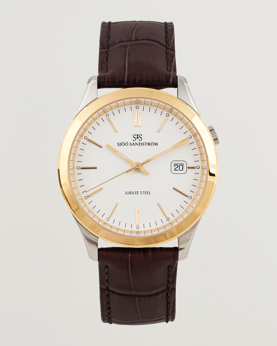 Herren | Sjöö Sandström Jubilee Steel Quartz 40mm Gold Bezel White/Brown Calf | Sjöö Sandström | Jubilee Steel Quartz 40mm Gold Bezel White/Brown Calf