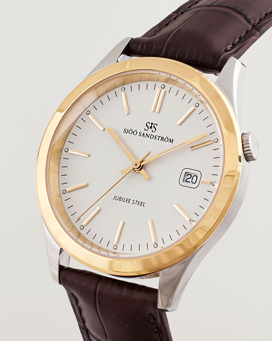 Herren | Sjöö Sandström Jubilee Steel Quartz 40mm Gold Bezel White/Brown Calf | Sjöö Sandström | Jubilee Steel Quartz 40mm Gold Bezel White/Brown Calf