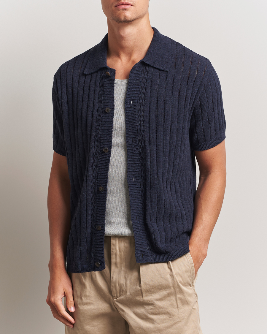 Herren | Hemden | LES DEUX | Floyd Knitted Linen Short Sleeve Shirt Dark Navy
