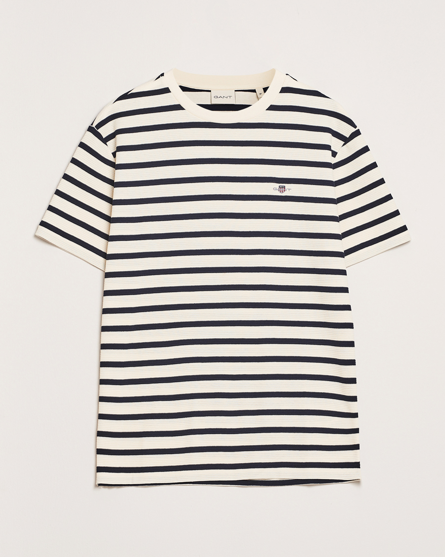 Herren | T-Shirts | GANT | Waffle Textured Striped T-Shirt Cream
