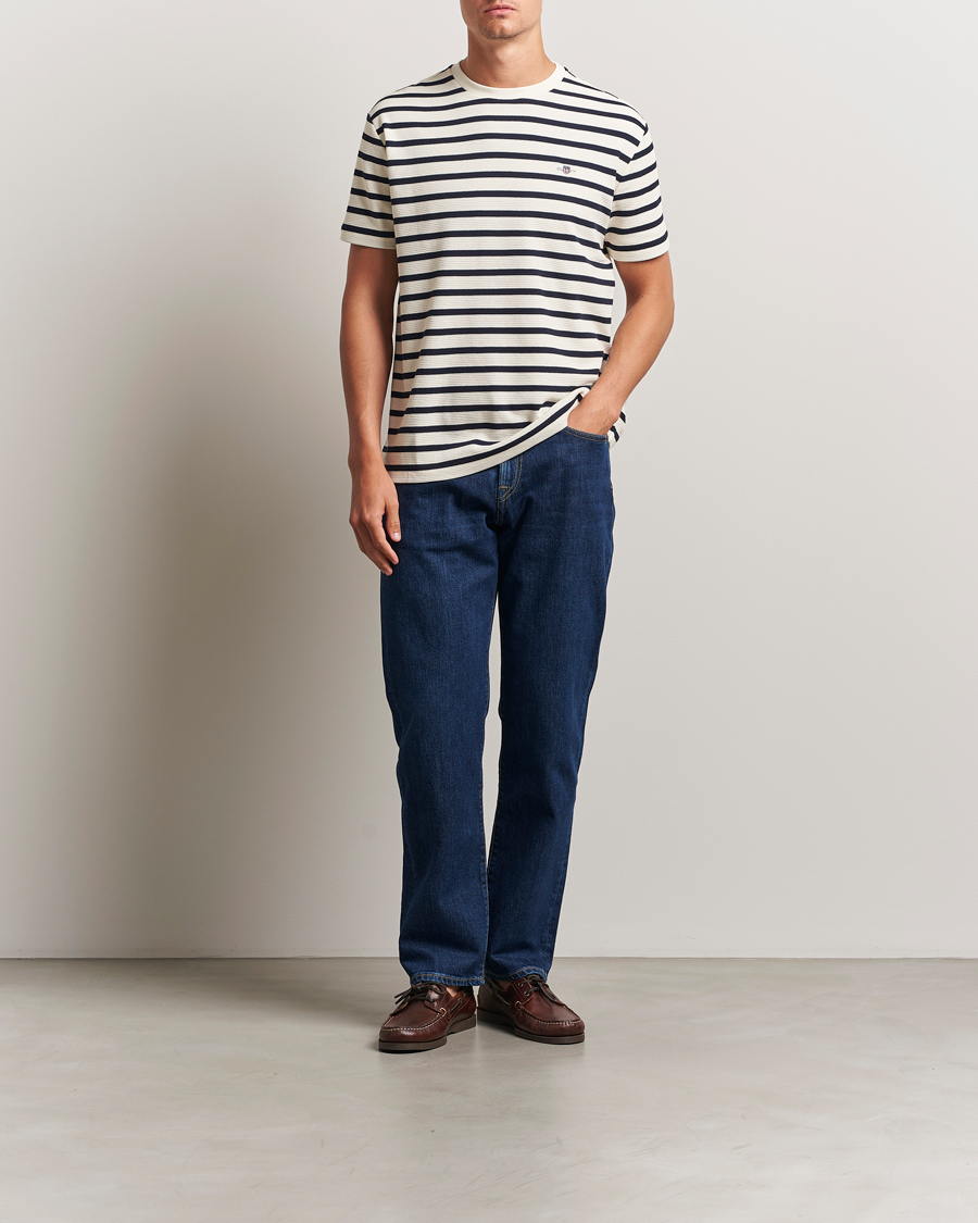 Herren | T-Shirts | GANT | Waffle Textured Striped T-Shirt Cream