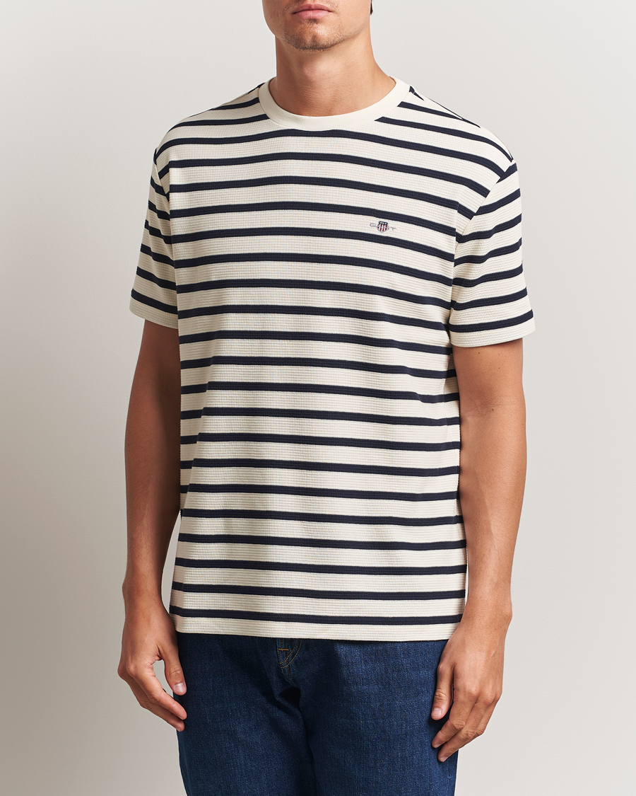 Herren | T-Shirts | GANT | Waffle Textured Striped T-Shirt Cream