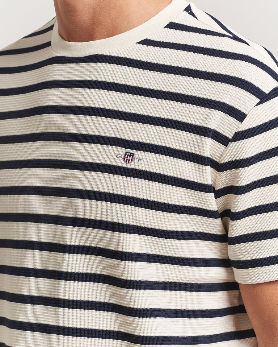 Herren | T-Shirts | GANT | Waffle Textured Striped T-Shirt Cream
