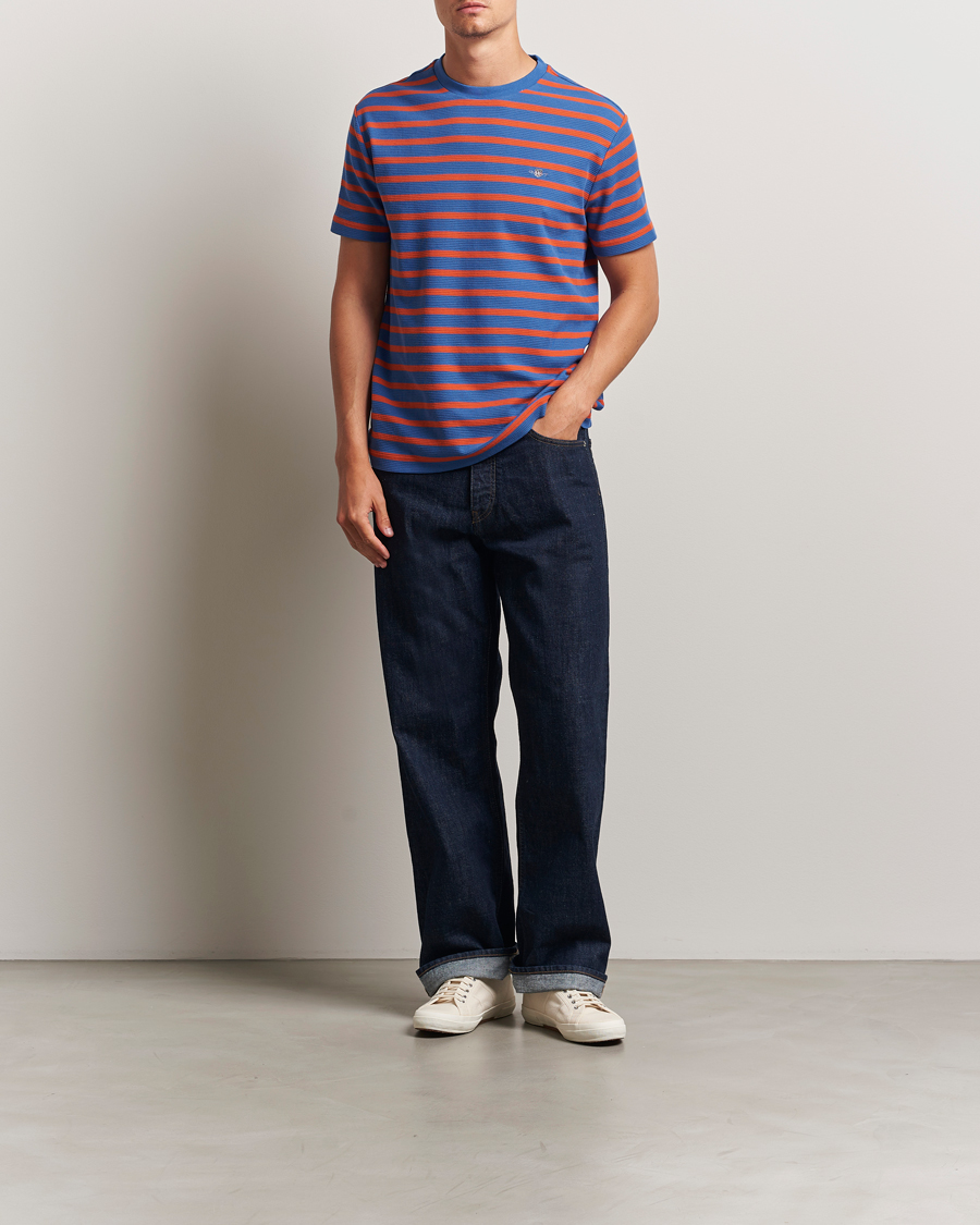 Herren | T-Shirts | GANT | Waffle Textured Striped T-Shirt Rich Blue