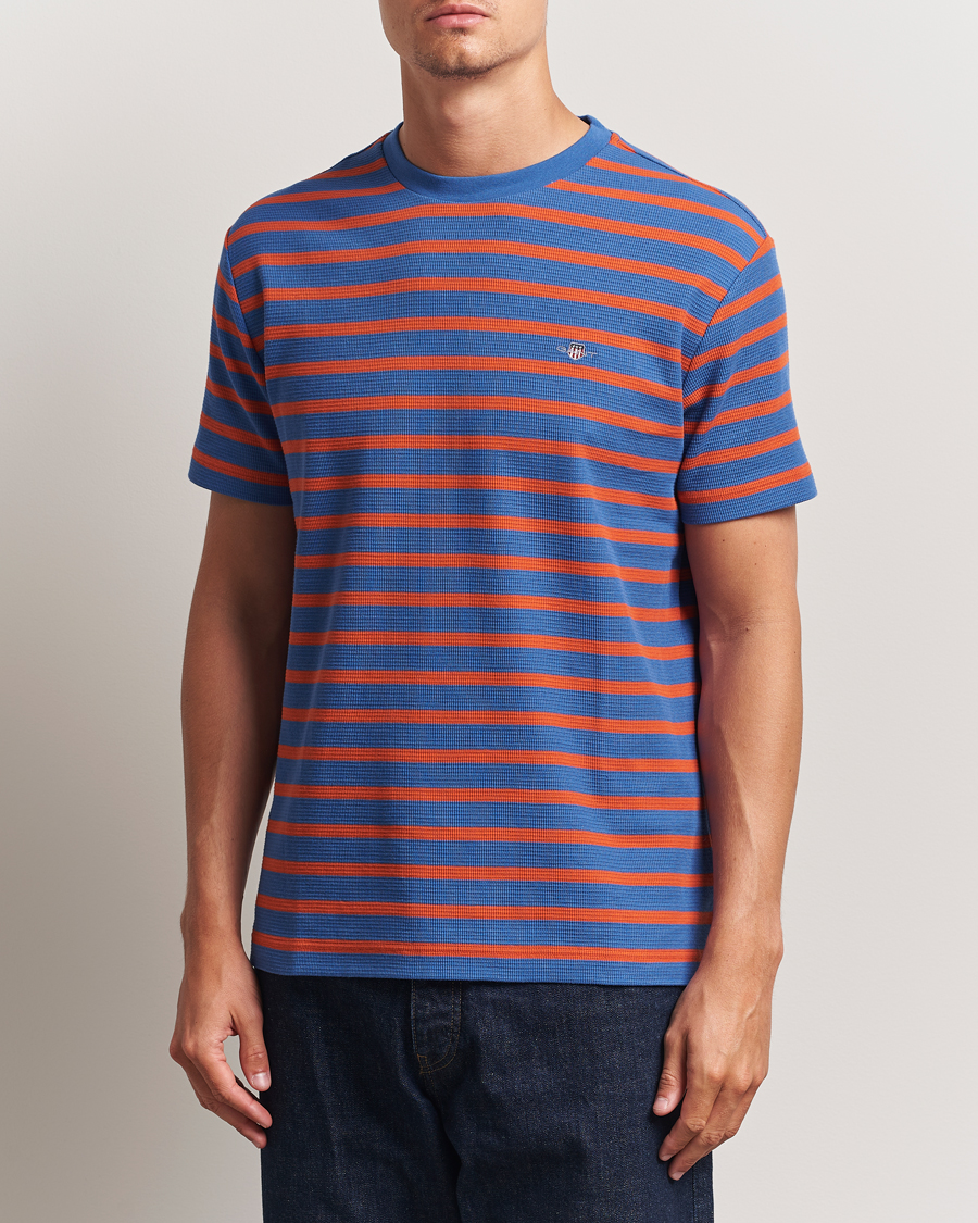 Herren | T-Shirts | GANT | Waffle Textured Striped T-Shirt Rich Blue