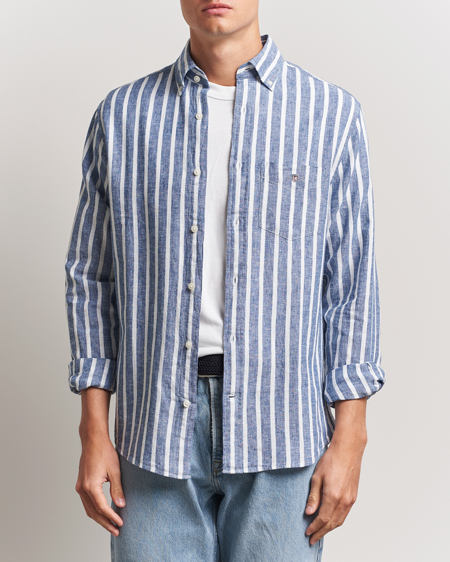 Herren | Hemden | GANT | Regular Fit Cotton/Linen Striped Shirt Rich Blue