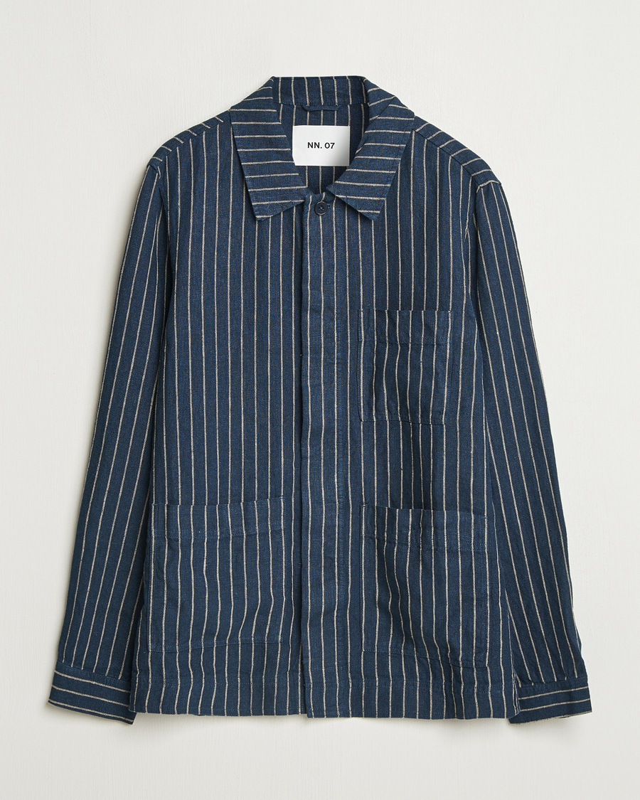 Herren | Hemden | NN07 | Olav Linen Pinstriped Overshirt Navy Blue
