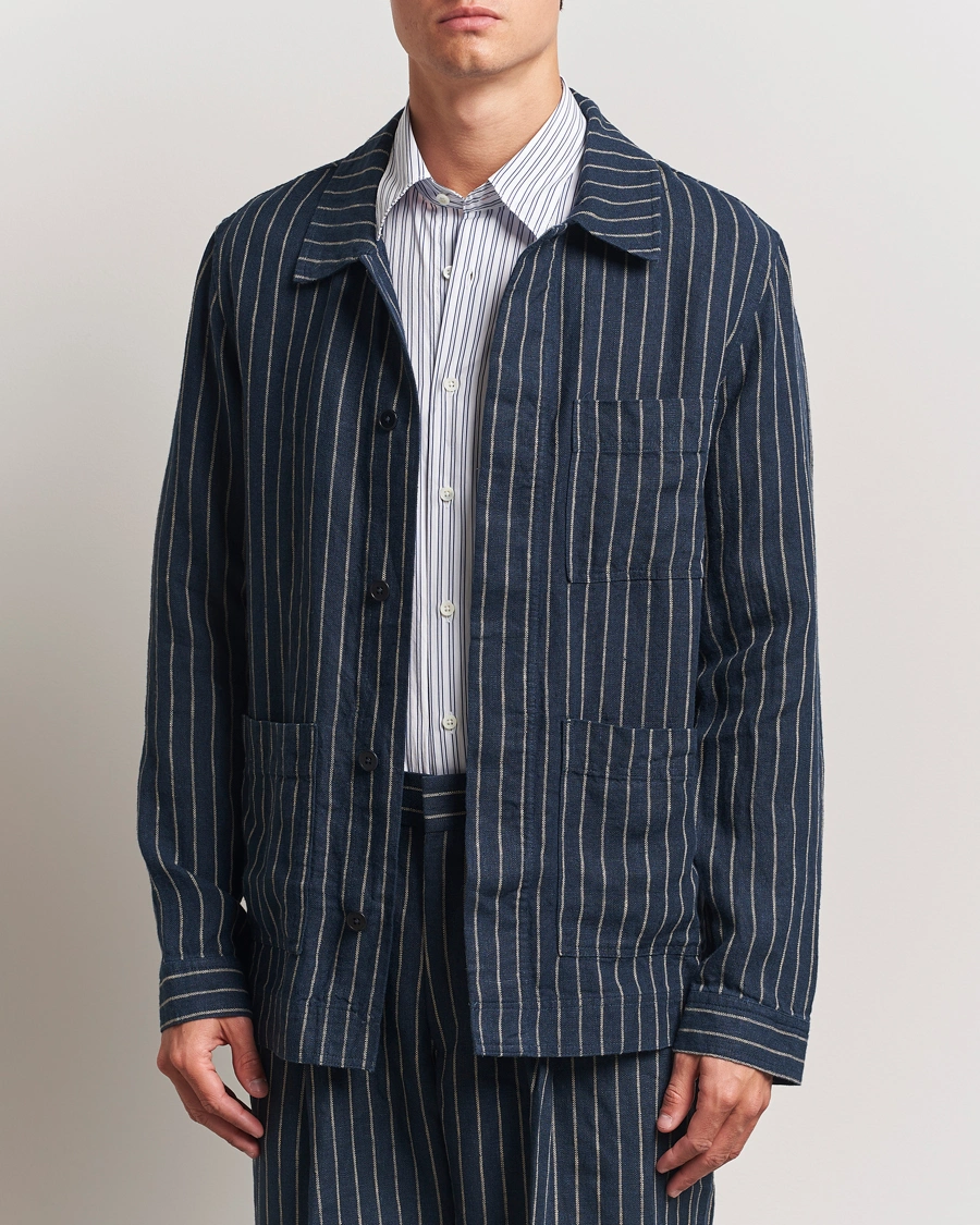 Herren | Hemden | NN07 | Olav Linen Pinstriped Overshirt Navy Blue