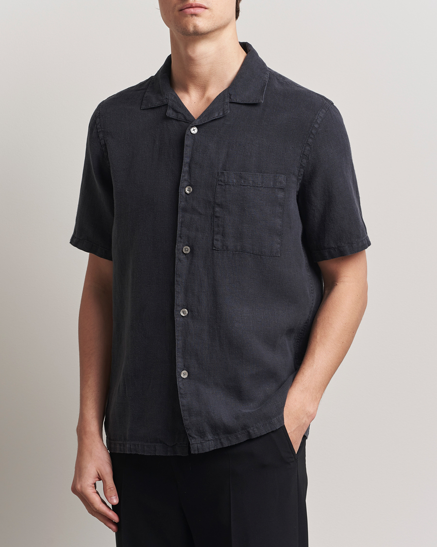 Herren | Hemden | A Day's March | Yamu Linen Short Sleeve Shirt Off Black