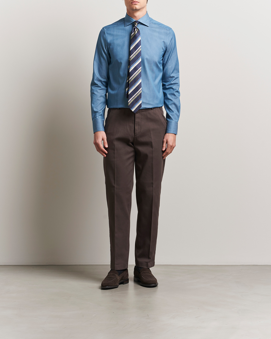 Herren | Hemden | Stenströms | 1899 Slim Twofold Cotton Denim Shirt Mid Blue