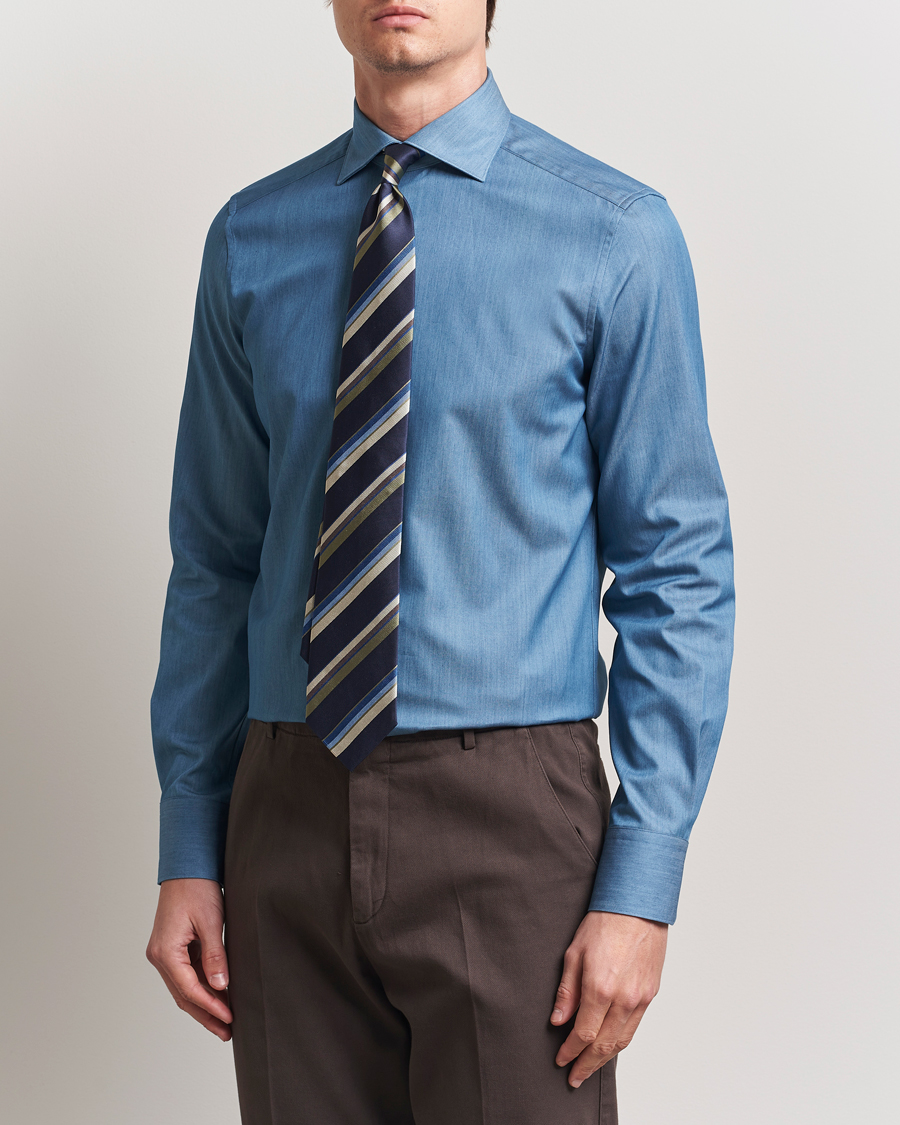 Herren | Hemden | Stenströms | 1899 Slim Twofold Cotton Denim Shirt Mid Blue