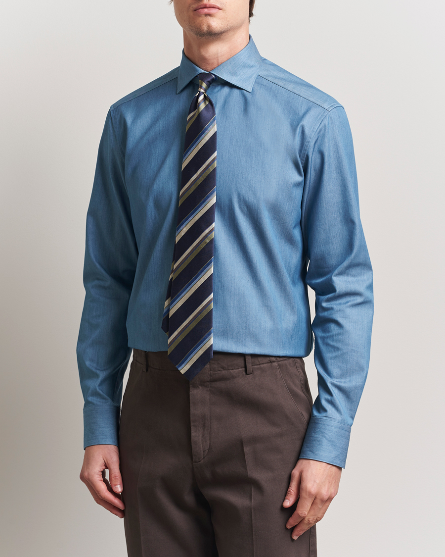 Herren | Hemden | Stenströms | 1899 Twofold Cotton Denim Shirt Mid Blue