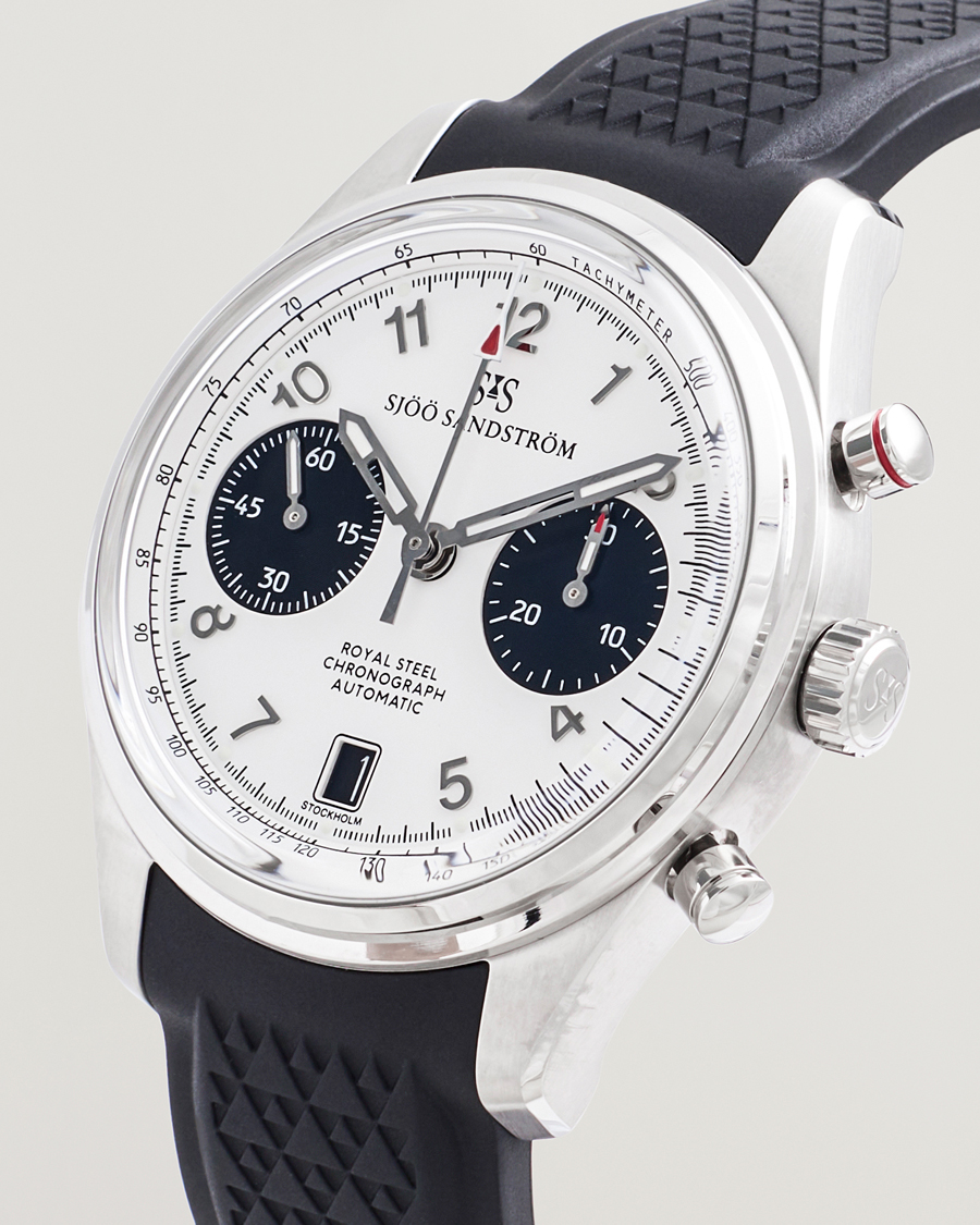 Herren | Sjöö Sandström Royal Steel Chronograph 40mm Black Rubber White Dial | Sjöö Sandström | Royal Steel Chronograph 40mm Black Rubber White Dial